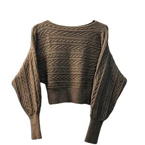 Cable Knit Balloon Sleeve Crop Sweater - Brown